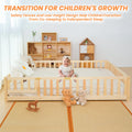 Slsy Twin Size Toddler Floor Bed, Solid Wood Montessori Bed Frame with Fence & Door Montessori Floor Bed Crib with Safety Guardrails for Girls and Boys