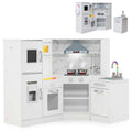 Corner Wooden Kids Kitchen Playset, Little Chef Pretend Toy Kitchen Set w/ Microwave, Range Hood, Washing Basin, Lights & Sounds for Toddlers