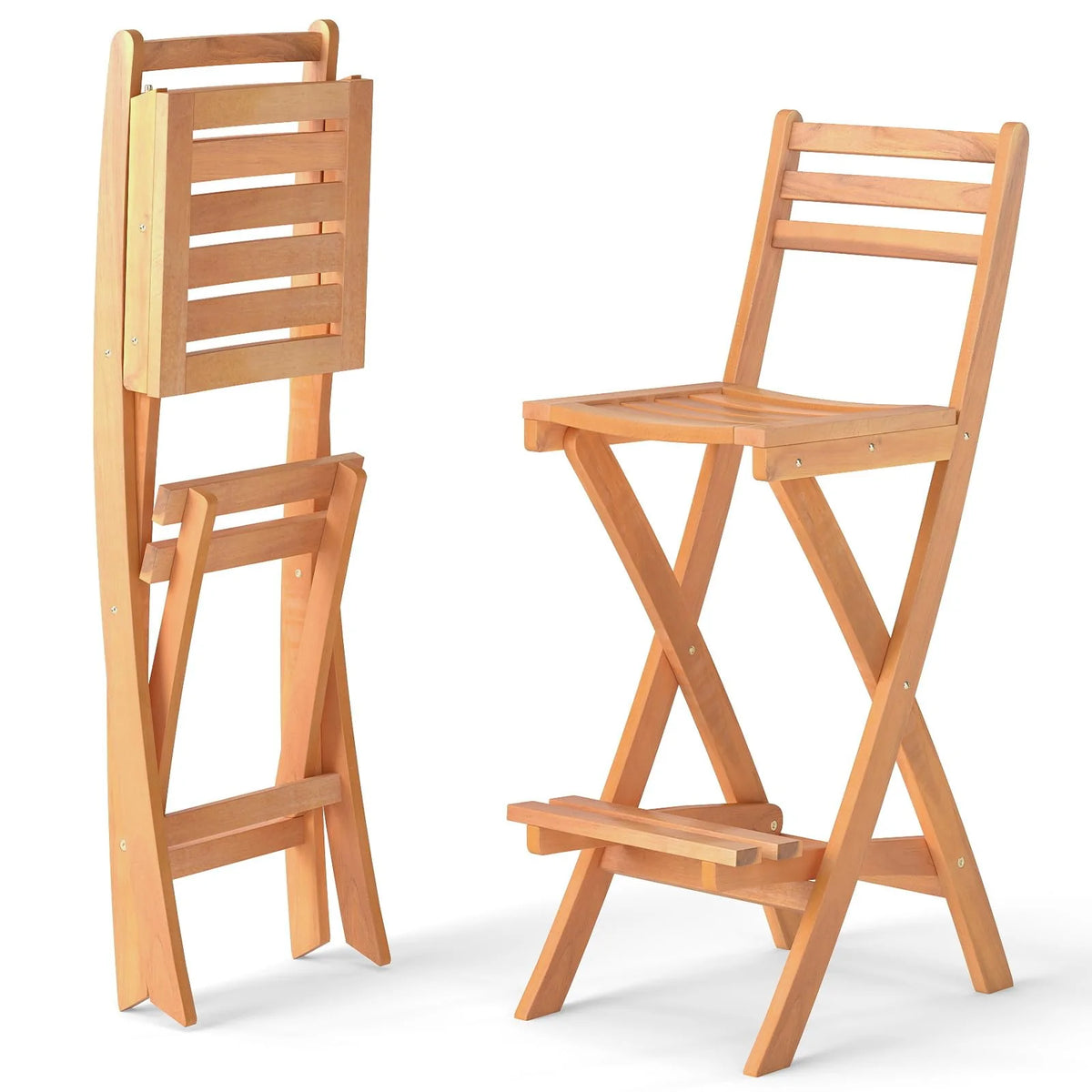 Tangkula Outdoor Portable High Top Acacia Wood Bar Height Chair with Backrest & Footrest