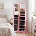 360° Swivel Jewelry Cabinet Armoire w/ Full Length Mirror 3-Color LED Lights & Rear Shelves, Lockable Standing Jewelry Storage Organizer