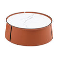 31.5 in Coffee Table, Marble Top+Orange Saddle Leather Body+Iron Frame