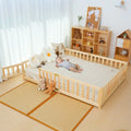 Slsy Twin Size Toddler Floor Bed, Solid Wood Montessori Bed Frame with Fence & Door Montessori Floor Bed Crib with Safety Guardrails for Girls and Boys