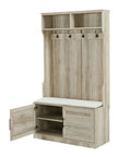 Entryway Hall Tree with Storage Bench, Wooden Coat Rack with Sponge Pad and 4 Dual Hooks, Storage Shelf Organizer with 2 - Door Cabinet for Entryway, Bedroom, Easy to Assemble