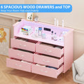 Garvee Dresser for Bedroom 6 Drawer with LED Light & Charging Station, Wooden Dressers and Chests of Drawers with 2 - Tier Open Shelves, Wide Dresser Organizer for Living Room Hallway Entryway, Pink