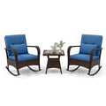 3-Piece Outdoor Wicker Rocking Chair Set, Rattan Bistro Rocker Furniture with Cushions & Pillows, Tempered Glass Coffee Table for Porch Balcony