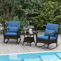 3-Piece Outdoor Wicker Rocking Chair Set, Rattan Bistro Rocker Furniture with Cushions & Pillows, Tempered Glass Coffee Table for Porch Balcony