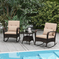 3-Piece Outdoor Wicker Rocking Chair Set, Rattan Bistro Rocker Furniture with Cushions & Pillows, Tempered Glass Coffee Table for Porch Balcony