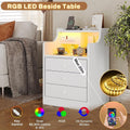 Nightstand with 3 Drawers and Shelves, Night Stand with LED Lights and USB Port Charging Station, LED Bedside Table with Hutch, Black