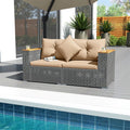 62.5" Patio Wicker Loveseat w/ Acacia Wood Armrests & Cup Holders, 2PCS Modular Rattan Corner Sectional Sofa w/ Cushions & Pillows for Backyard