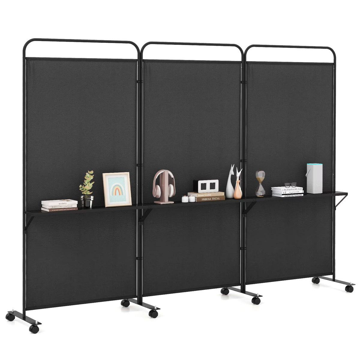 Costway 3 - Panel Room Divider with Storage Shelves 6FT Tall Folding Privacy Screen on Wheels Black