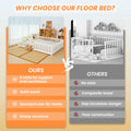 Slsy Twin Size Toddler Floor Bed, Solid Wood Montessori Bed Frame with Fence & Door Montessori Floor Bed Crib with Safety Guardrails for Girls and Boys