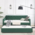 Twin Size Daybed with Trundle, Modern Button Tufted Linen Upholstered Sofa Day Bed Frame with A Roll - Out Trundle, Bedframe Furniture for Bedroom Living Room Guest Room, Green