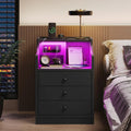 Nightstand with 3 Drawers and Shelves, Night Stand with LED Lights and USB Port Charging Station, LED Bedside Table with Hutch, Black