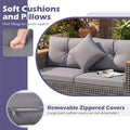 62.5" Patio Wicker Loveseat w/ Acacia Wood Armrests & Cup Holders, 2PCS Modular Rattan Corner Sectional Sofa w/ Cushions & Pillows for Backyard