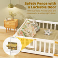 Slsy Twin Size Toddler Floor Bed, Solid Wood Montessori Bed Frame with Fence & Door Montessori Floor Bed Crib with Safety Guardrails for Girls and Boys