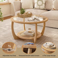 Round Wood Coffee Table with Glass Rattan Top, Wooden Circle Center Table with Curved Legs & Removeable Tempered Glasstop, Cocktail Table for Living Room, Light Brown 32.28" x 18.15"