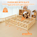 Slsy Twin Size Toddler Floor Bed, Solid Wood Montessori Bed Frame with Fence & Door Montessori Floor Bed Crib with Safety Guardrails for Girls and Boys