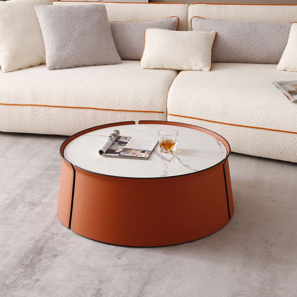 31.5 in Coffee Table, Marble Top+Orange Saddle Leather Body+Iron Frame