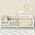 Slsy Twin Size Toddler Floor Bed, Solid Wood Montessori Bed Frame with Fence & Door Montessori Floor Bed Crib with Safety Guardrails for Girls and Boys