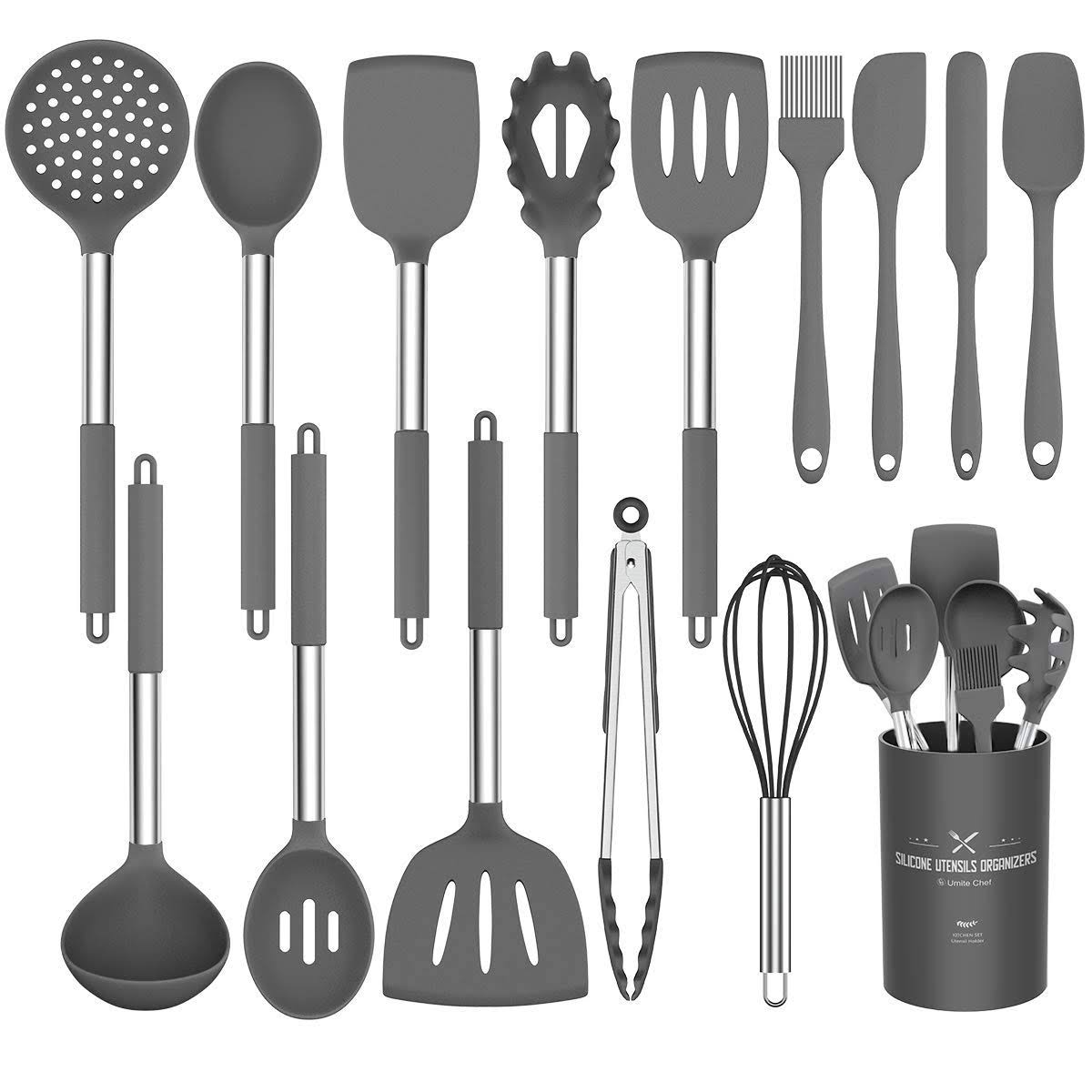 Silicone Cooking Utensil Set,Umite Chef Kitchen Utensils 15pcs Cooking Utensils Set Non-Stick Heat Resistan BPA-Free Silicone Stainless Steel Handle