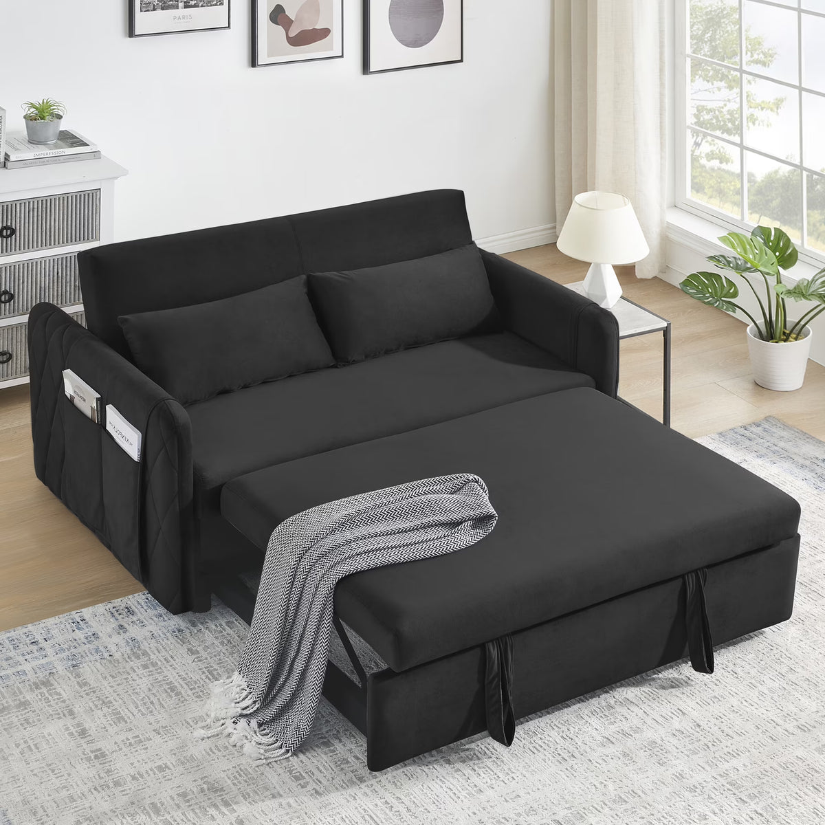 Convertible Sofa Bed, 3 in 1 Sleeper Sofa with 2 Pillows and Adjustable Backrest for Living Room Office, Black