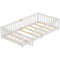 Slsy Twin Size Toddler Floor Bed, Solid Wood Montessori Bed Frame with Fence & Door Montessori Floor Bed Crib with Safety Guardrails for Girls and Boys