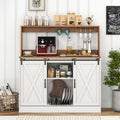 Farmhouse Coffee Bar Cabinet with Charging Station, 2 Sliding Barn Doors, 9-Bottle Wine Rack & Glass Holder, Kitchen Buffet Sideboard with Hutch