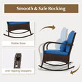 3-Piece Outdoor Wicker Rocking Chair Set, Rattan Bistro Rocker Furniture with Cushions & Pillows, Tempered Glass Coffee Table for Porch Balcony
