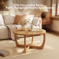 Round Wood Coffee Table with Glass Rattan Top, Wooden Circle Center Table with Curved Legs & Removeable Tempered Glasstop, Cocktail Table for Living Room, Light Brown 32.28" x 18.15"