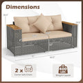 62.5" Patio Wicker Loveseat w/ Acacia Wood Armrests & Cup Holders, 2PCS Modular Rattan Corner Sectional Sofa w/ Cushions & Pillows for Backyard